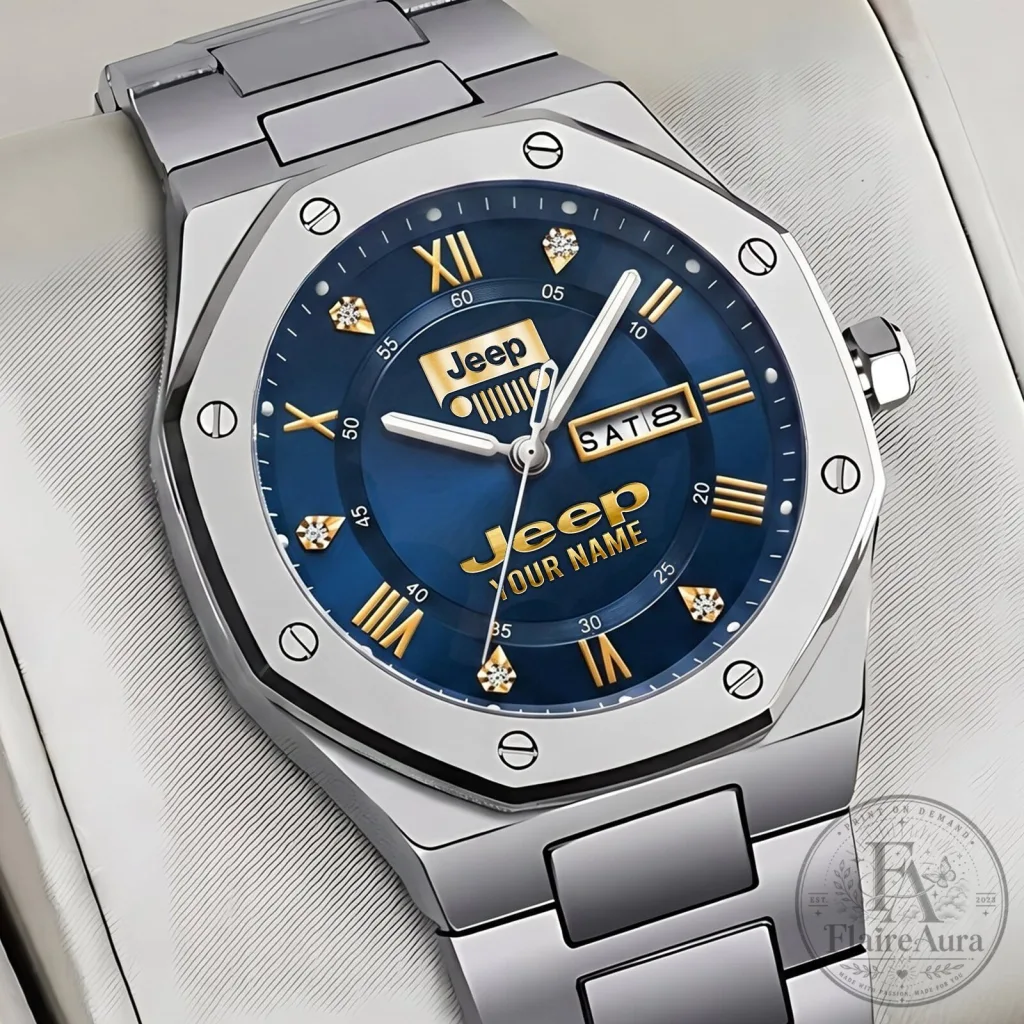 Jeep Logo Custom Name Gold Diamond Blue Face Stainless Steel Men's Watch