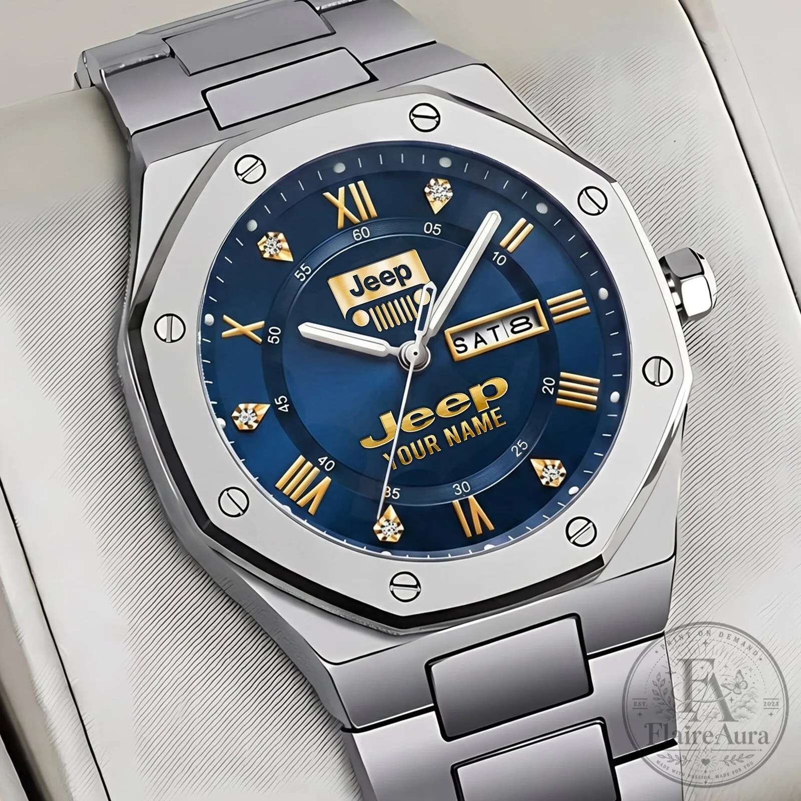 Jeep Logo Custom Name Gold Diamond Blue Face Stainless Steel Men's Watch