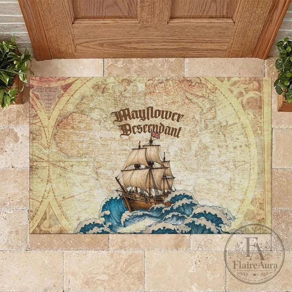 Mayflower Descendant Ship Vintage Nautical Map Ocean Waves Doormat