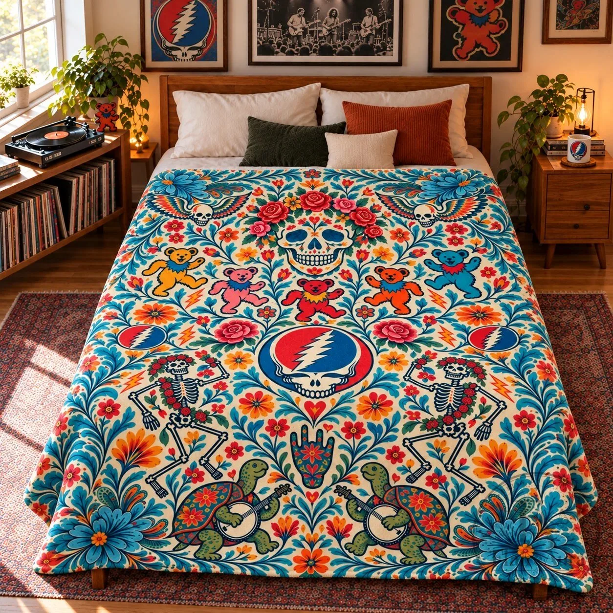 Grateful Dead Folk Art Dancing Bears Skull and Roses Sherpa Fleece Blanket