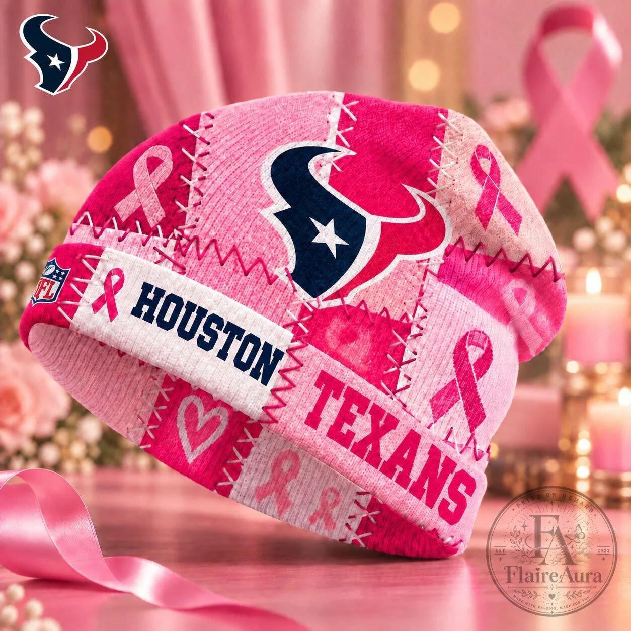 Houston Texans NFL Breast Cancer Awareness Pink Ribbon Beanie Cap Hat