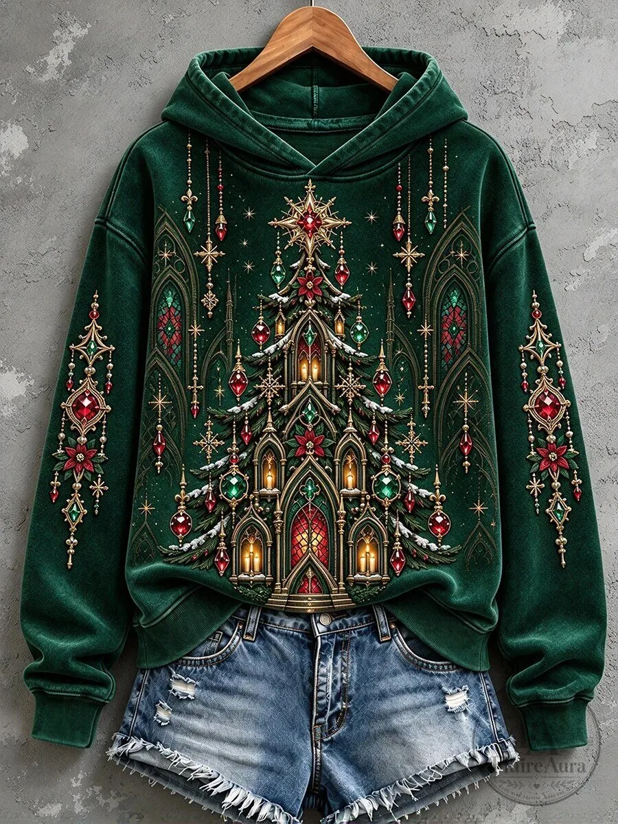 Vintage Gothic Christmas Tree Print Cozy Hooded Sweatshirt for Women