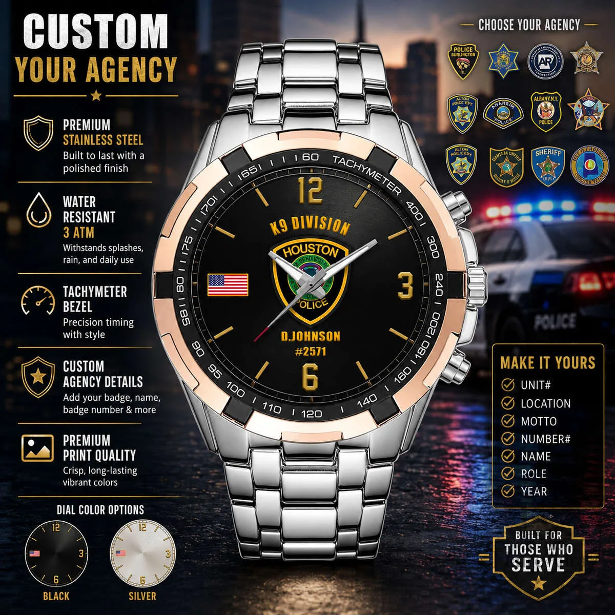 Custom Houston Police K9 Division Law Enforcement Stainless Steel Watch