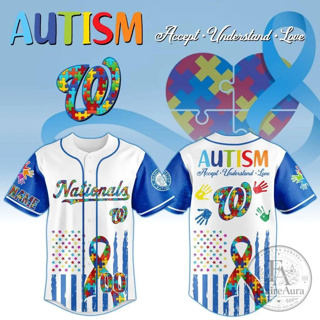 Washington Nationals Personalized Autism Awareness Accept Understand Love Baseball Jersey