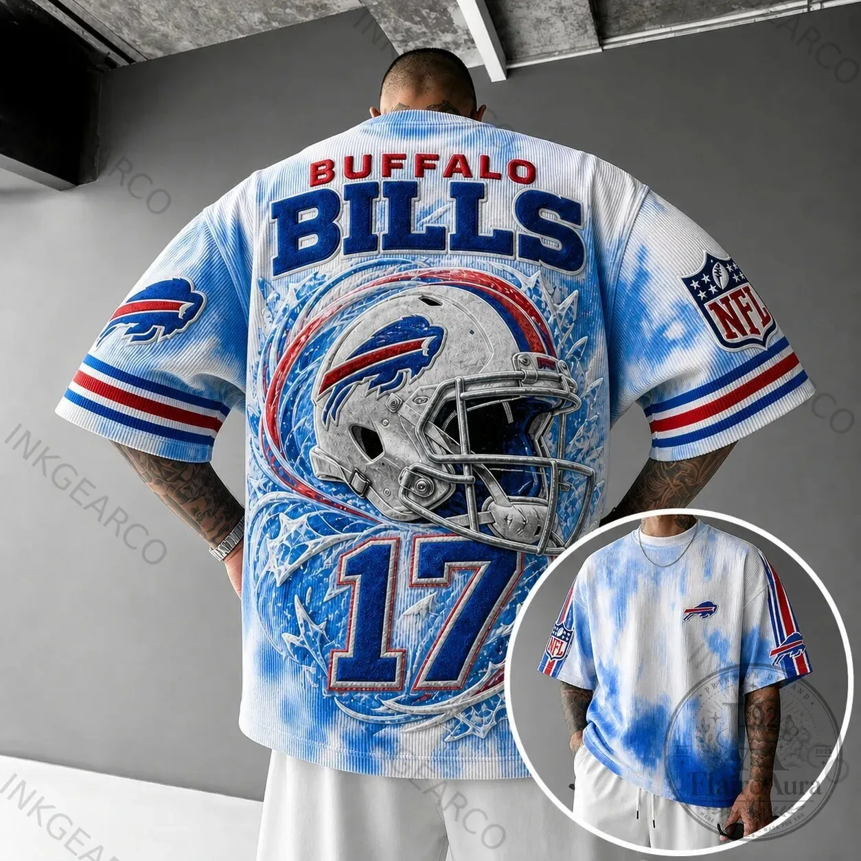 Buffalo Bills Football Team Helmet and Number 17 Blue Tie-Dye Short-Sleeve T-Shirt