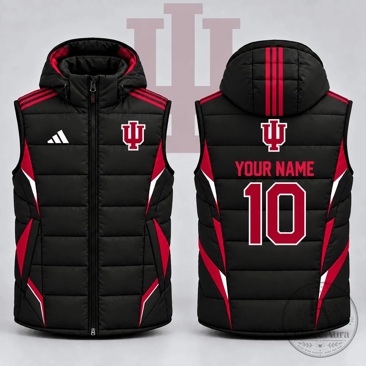 Indiana Hoosiers Custom Name and Number Detachable Hood Full Zip Puffer Vest
