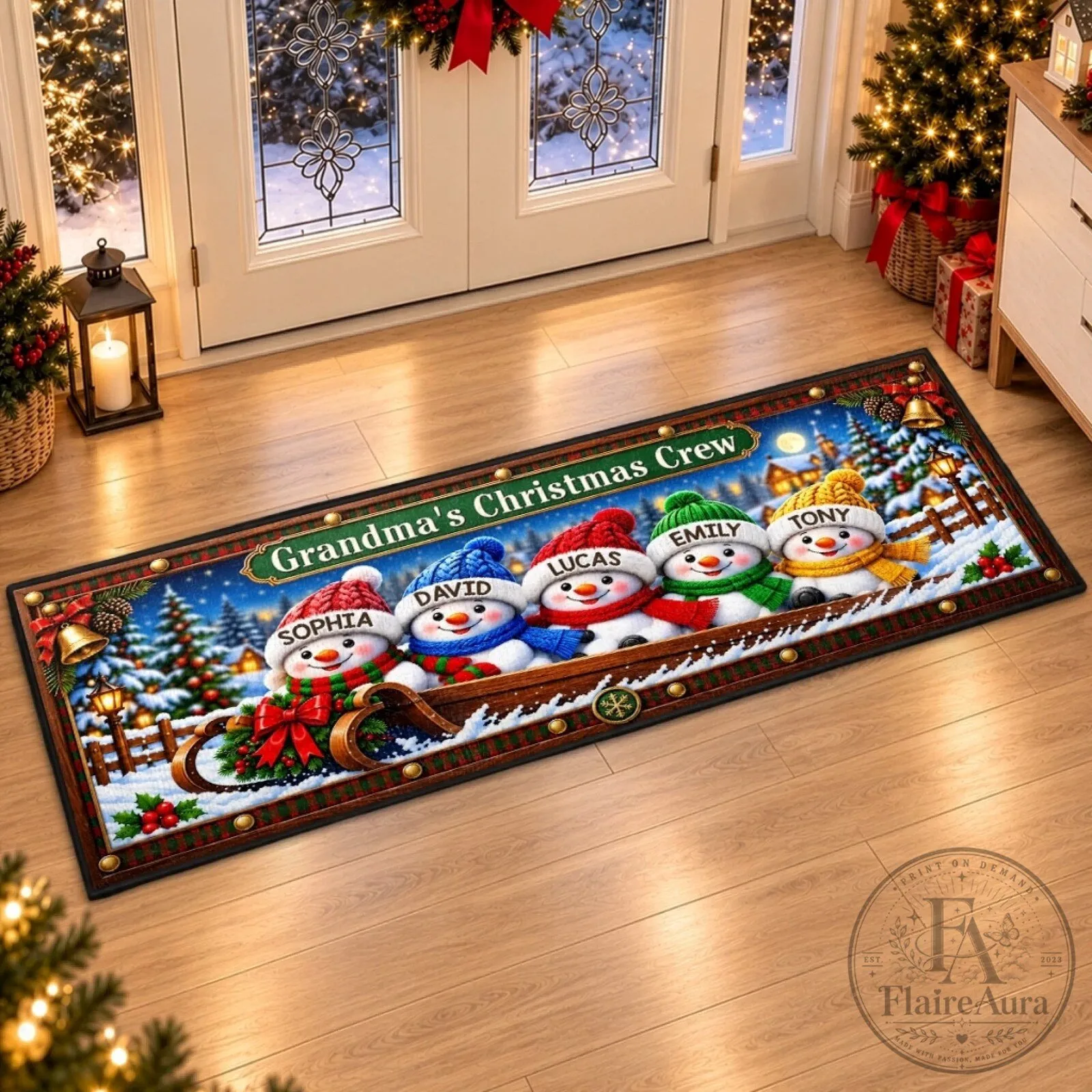 Personalized Snowman Family Christmas Holiday Runner Rug