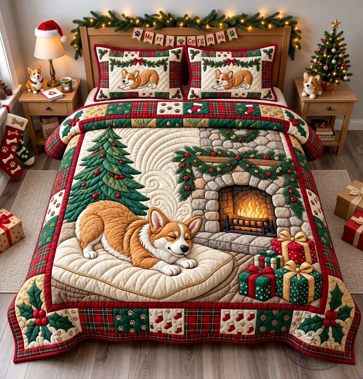Christmas Corgi Dog Sleeping by Fireplace Quilted Bedding Set