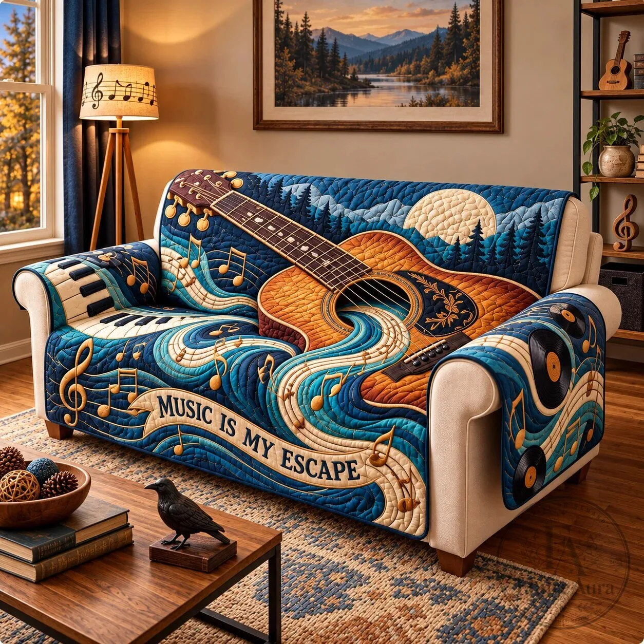 Music Is My Escape Guitar And Piano Keys Quilted Sofa Cover