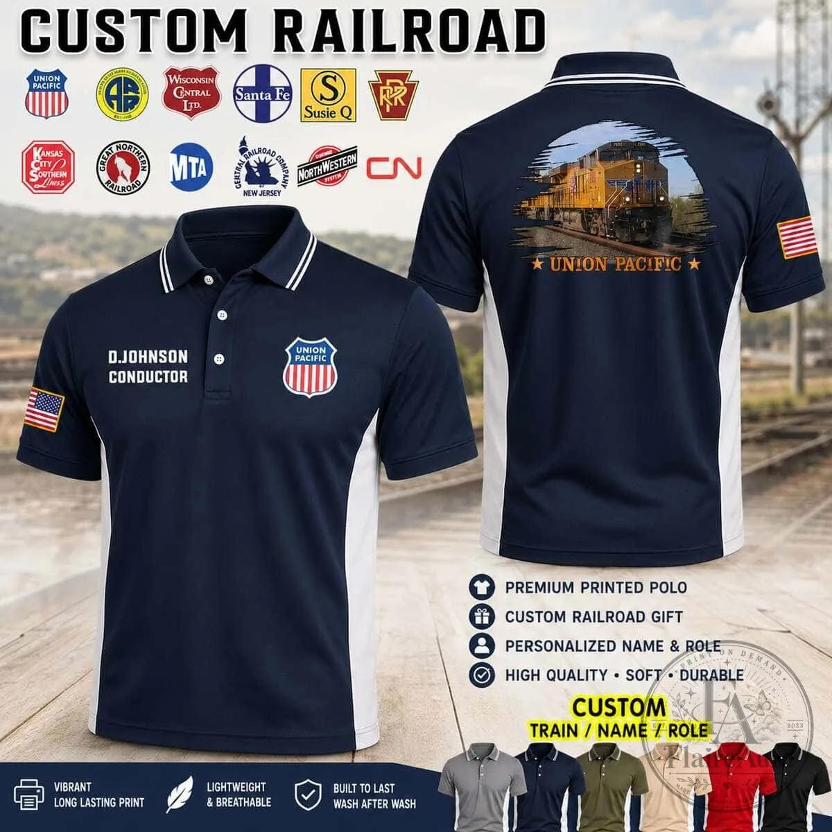 Union Pacific Railroad Personalized Conductor Name Custom Train Polo Shirt