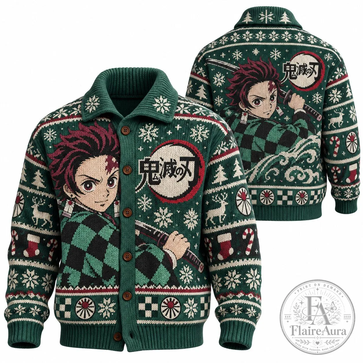 Demon Slayer Tanjiro Kamado Anime Christmas Holiday Ugly Sweater Cardigan