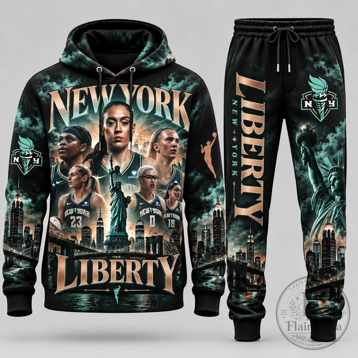 New York Liberty WNBA Basketball Team Graphic Print Hoodie and Sweatpants Set