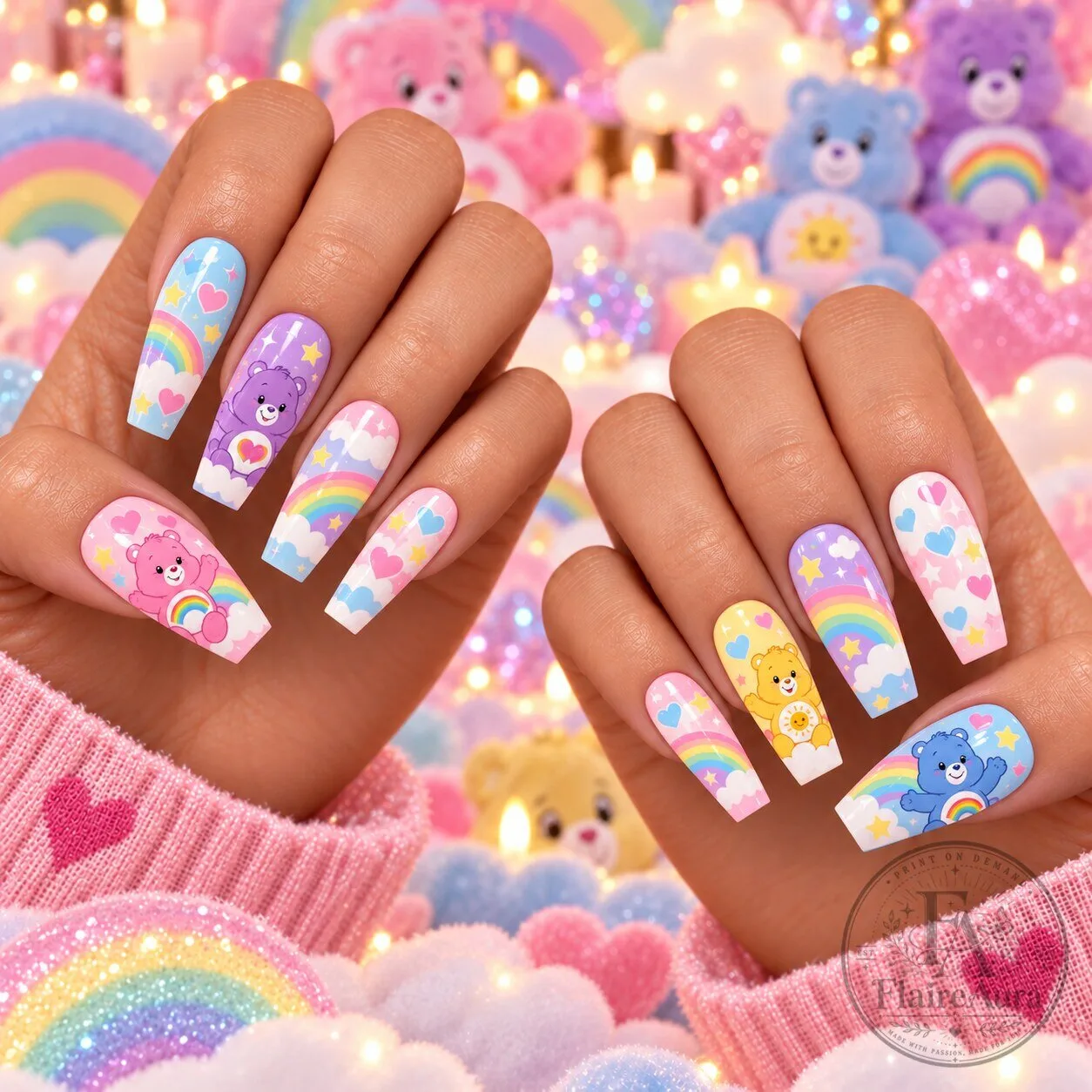 Care Bears Rainbow Hugs Pastel Cute Press-On Nails Set