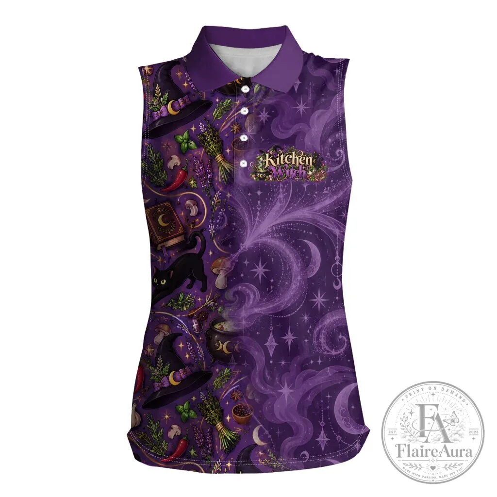 Kitchen Witch Mystical Wiccan Magic Herb Cauldron Black Cat Sleeveless Polo Shirt
