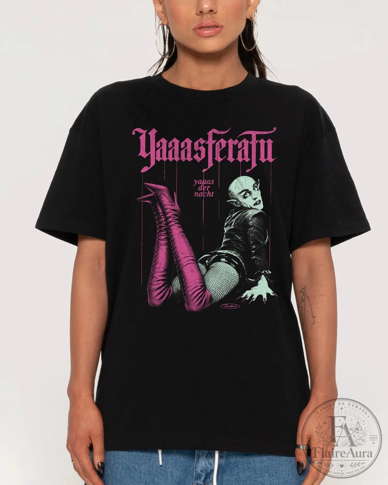 Yaaasferatu Vampire Horror Movie Parody Graphic Black T-Shirt