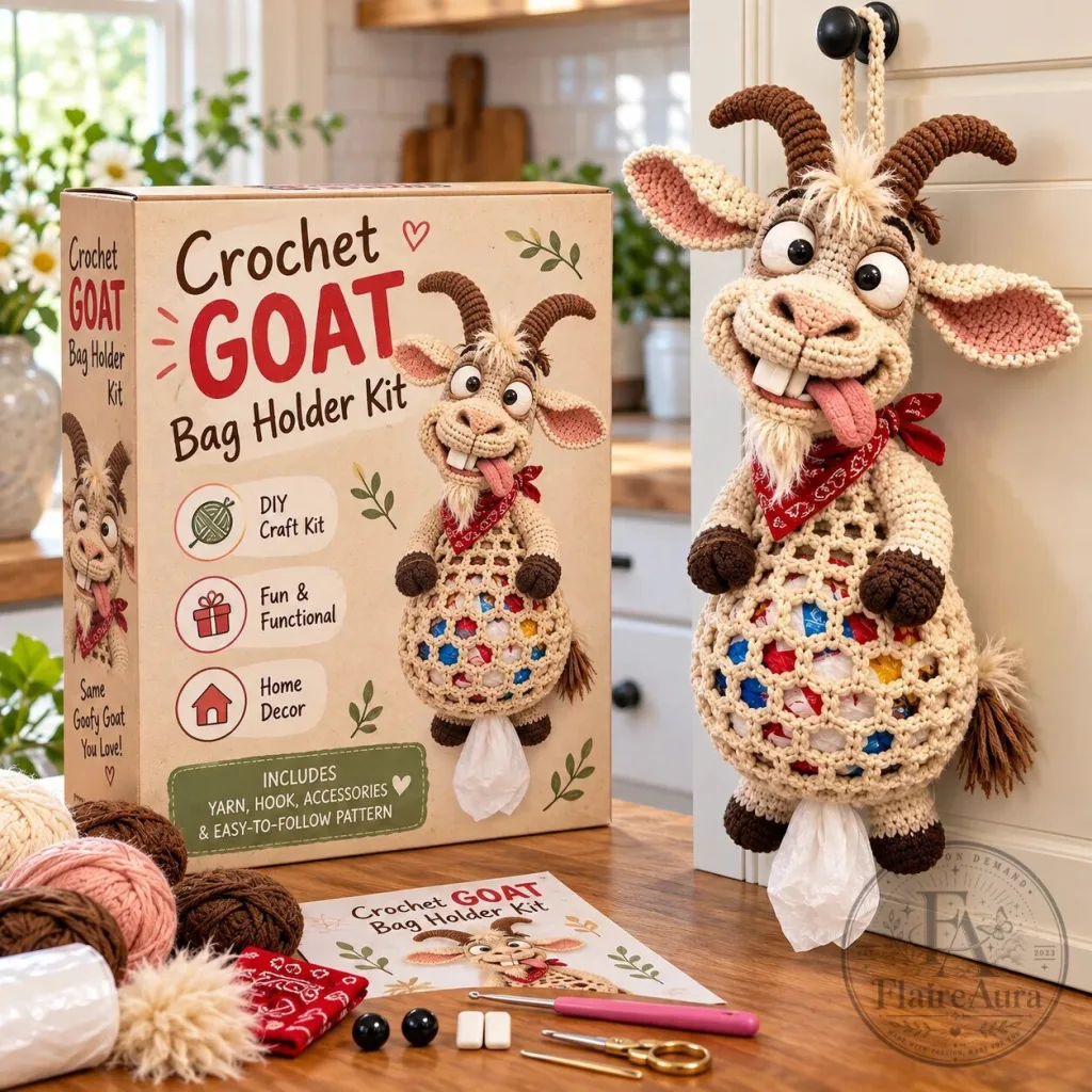 Crochet Goat Bag Holder DIY Craft Kit with Yarn, Hook, Accessories, Pattern Crochet Goat Bag Holder DIY Craft Kit with Yarn, Hook, Accessories, Pattern