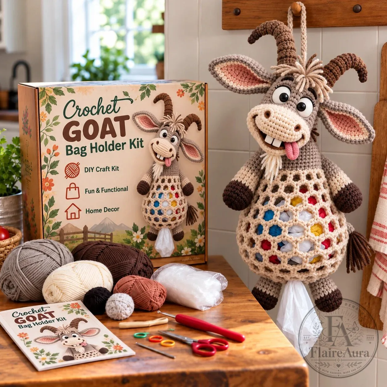 Crochet Goat Bag Holder DIY Craft Kit with Yarn, Hook, Accessories, Pattern 41 Crochet Goat Bag Holder DIY Craft Kit with Yarn, Hook, Accessories, Pattern