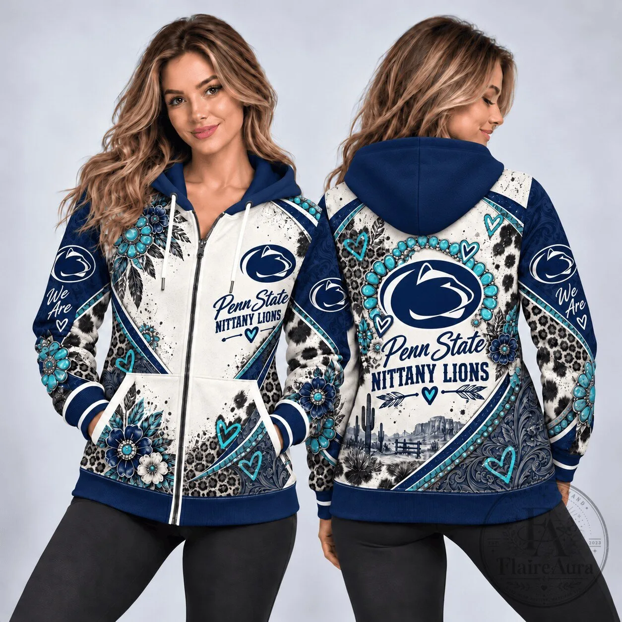 Penn State Nittany Lions Western Boho Floral Pattern Full-Zip Hoodie