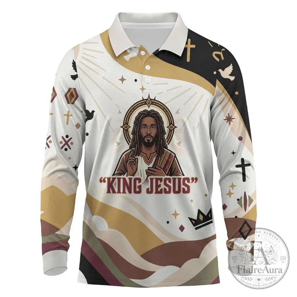 King Jesus African Black Christ Religious Christian Faith Long Sleeve Polo Shirt