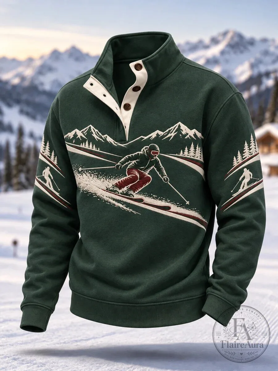 Ski Season Mountain Landscape Skier Graphic Quarter Button Pullover Sweatshirt