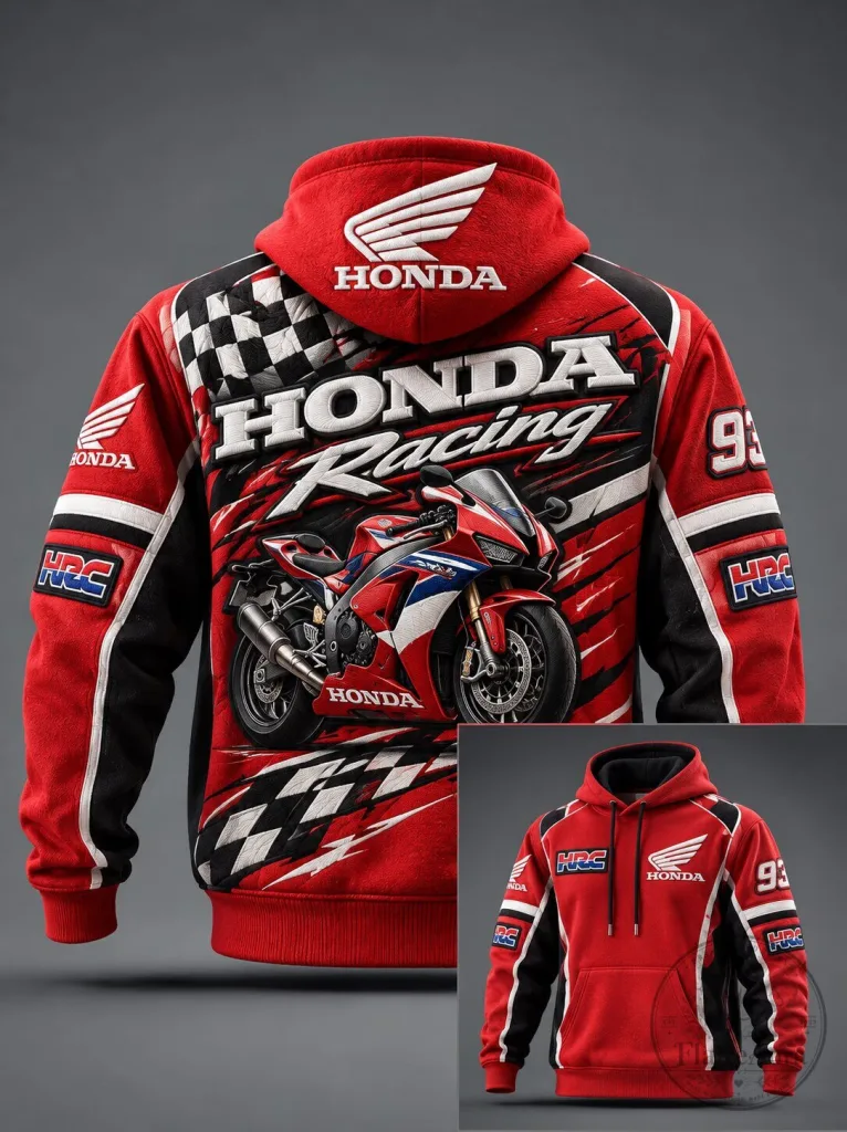 Honda Racing Motorcycle Red and Black Full Print Hoodie for Men