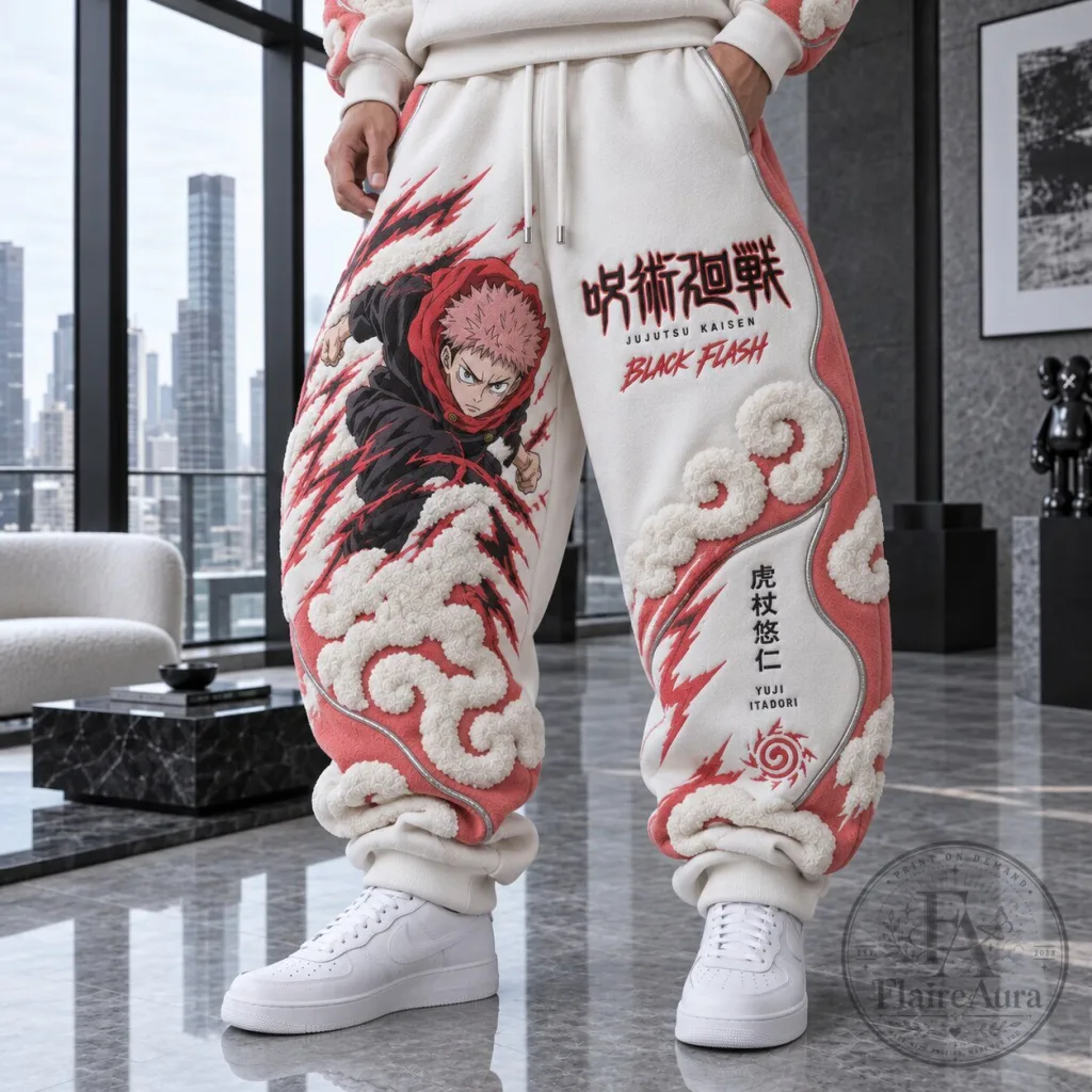 Anime Sweatpants featuring Yuji Itadori's Black Flash from Jujutsu Kaisen, Embroidered Design Anime Sweatpants featuring Yuji Itadori's Black Flash from Jujutsu Kaisen, Embroidered Design