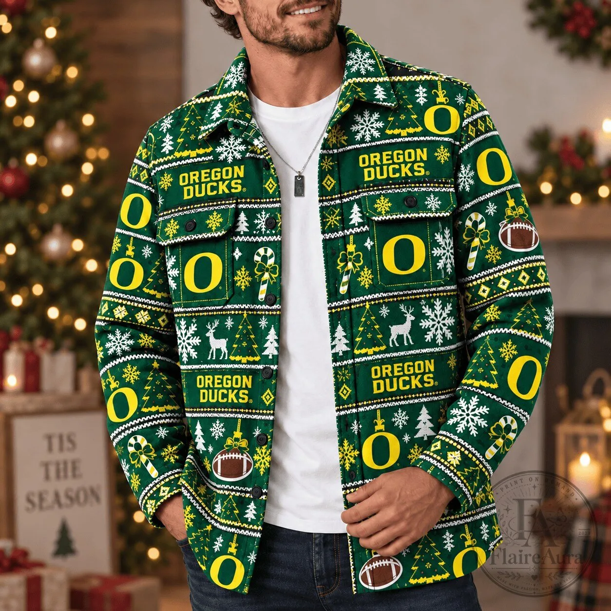 Oregon Ducks Christmas Flannel Button-Up Shirt for Men