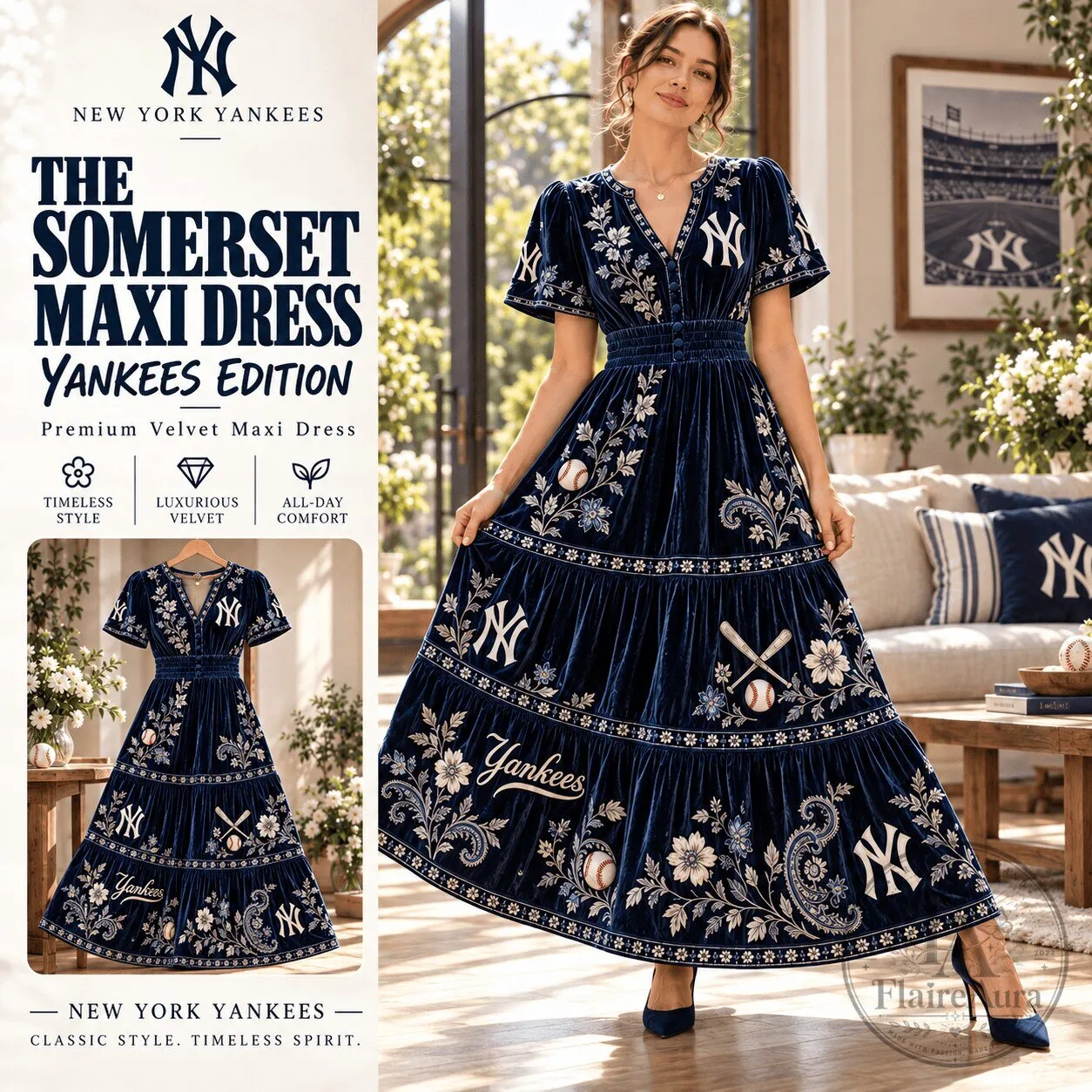 New York Yankees Embroidered Velvet Maxi Dress for Women
