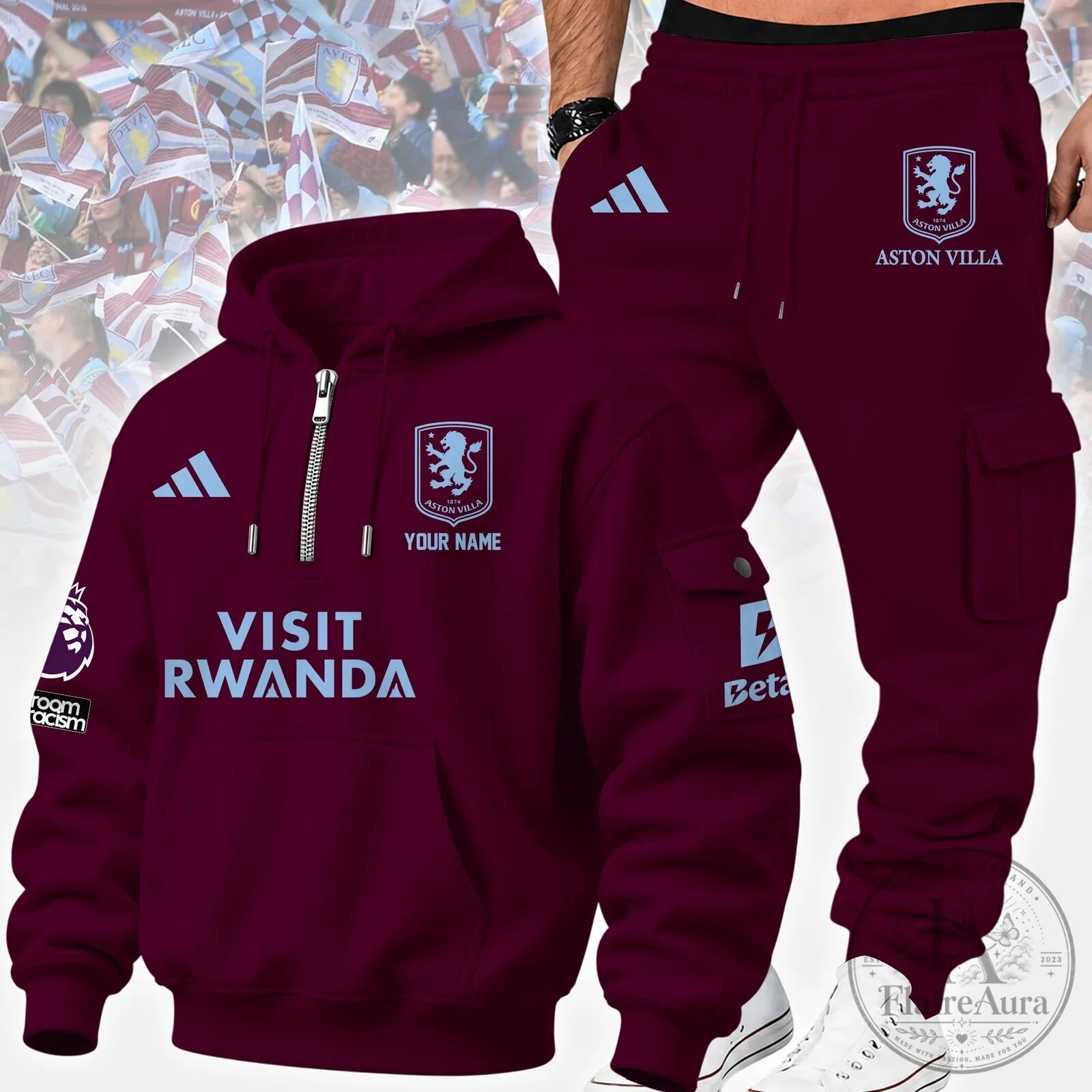 Aston Villa Football Club Personalized Maroon Hoodie and Sweatpants Set