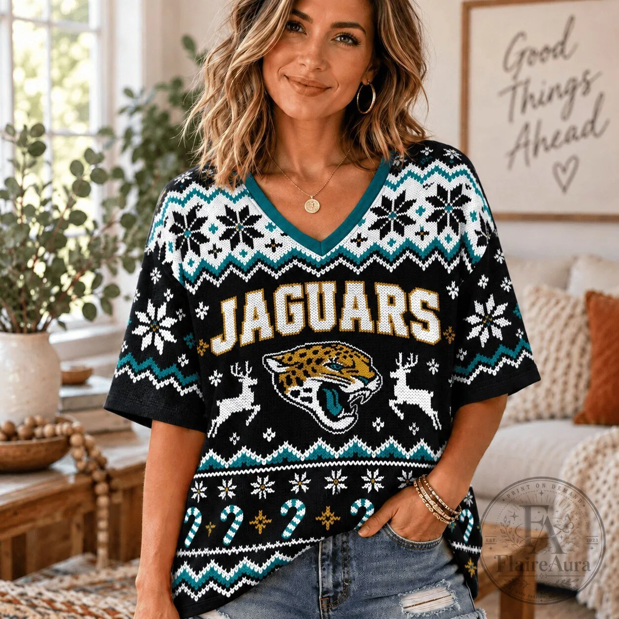 Jacksonville Jaguars Women's Christmas Ugly Sweater V-Neck Short Sleeve T-Shirt