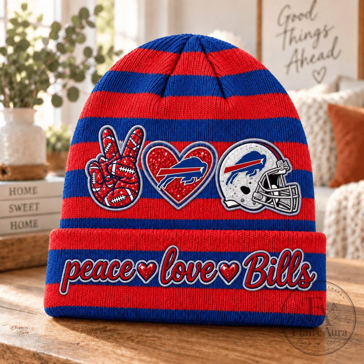 Buffalo Bills Football Team Peace Love Bills Striped Knit Beanie Hat