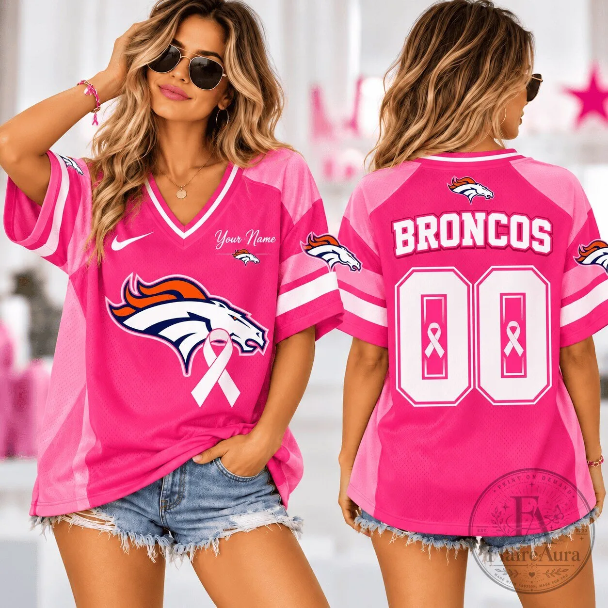 Denver Broncos Pink Breast Cancer Awareness NFL Football Jersey