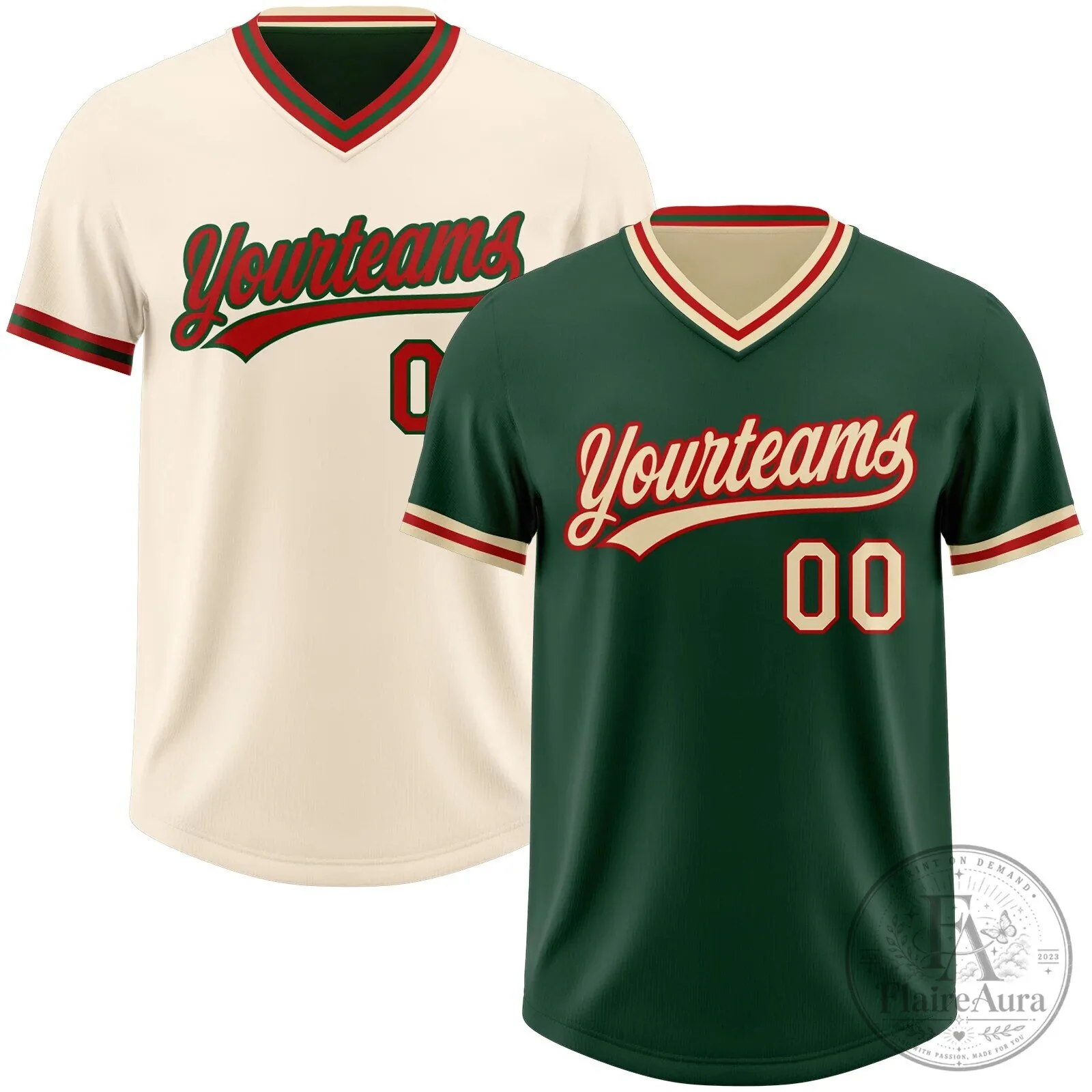 Custom Reversible Cream and Green Baseball Jersey with V-Neck and Striped Sleeves