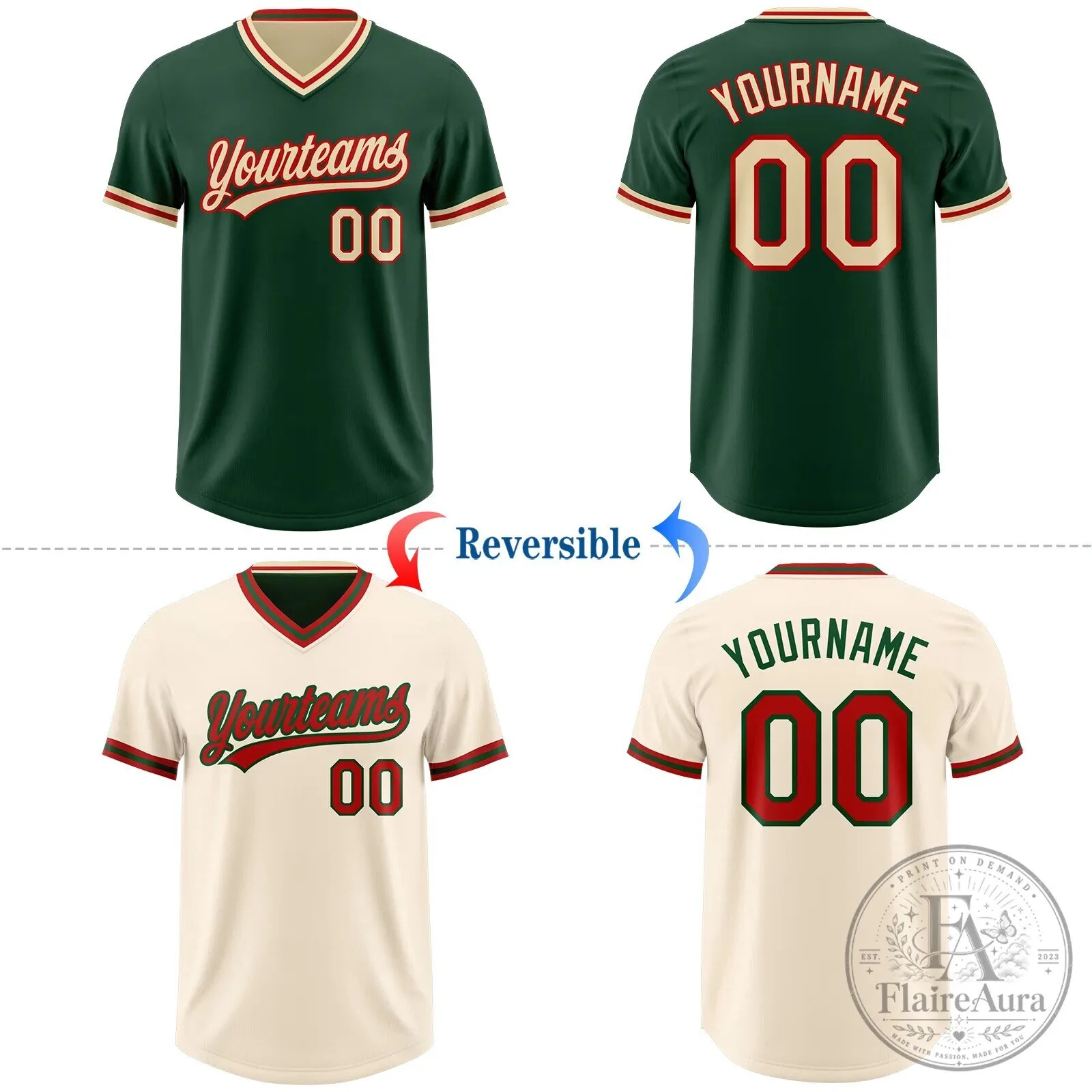 Custom Reversible Cream and Green Baseball Jersey with V-Neck and Striped Sleeves 8 Custom Reversible Cream and Green Baseball Jersey with V-Neck and Striped Sleeves