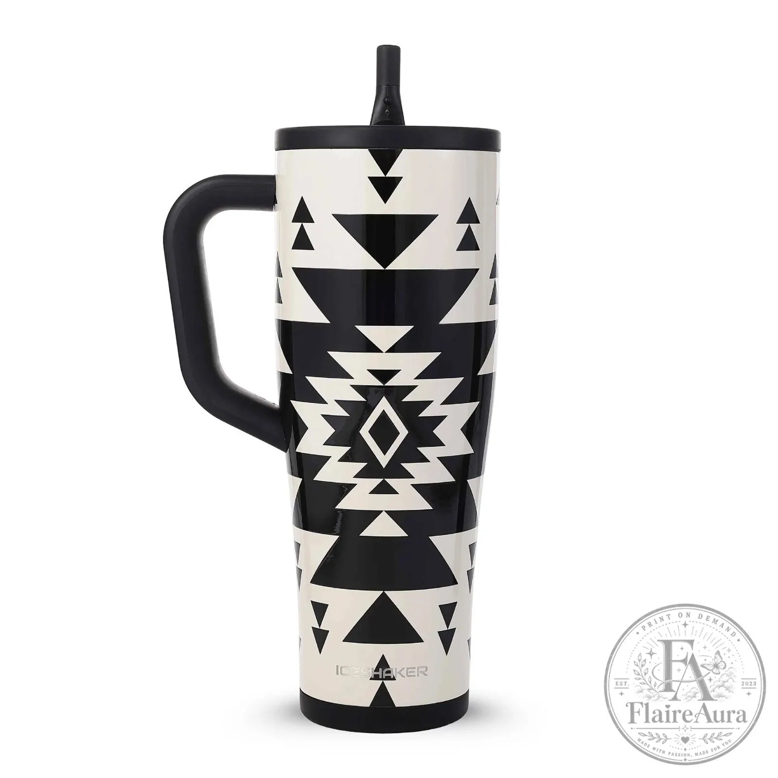 Aztec Pattern Black and White Insulated Stainless Steel Tumbler with Handle