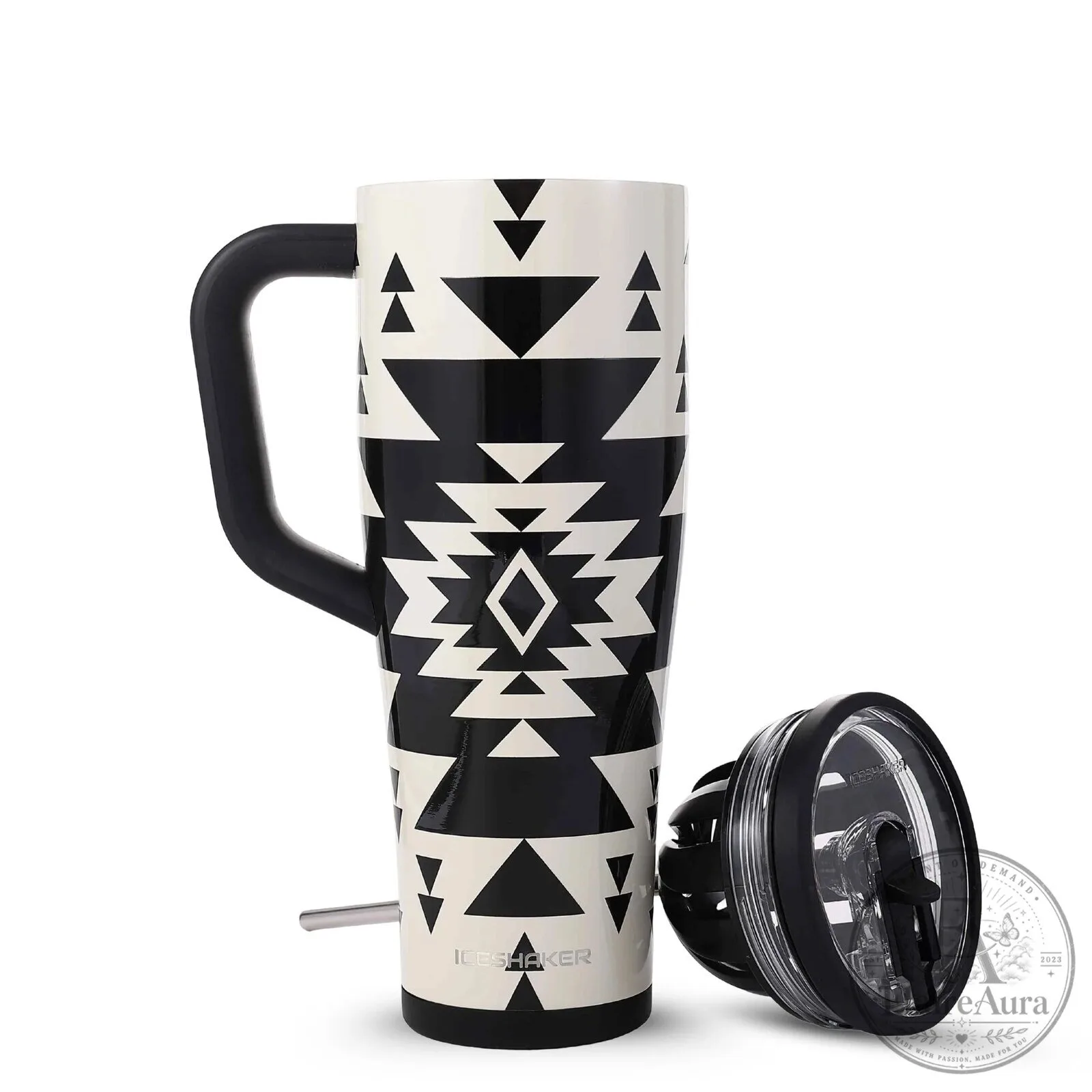 Aztec Pattern Black and White Insulated Stainless Steel Tumbler with Handle 10 Aztec Pattern Black and White Insulated Stainless Steel Tumbler with Handle