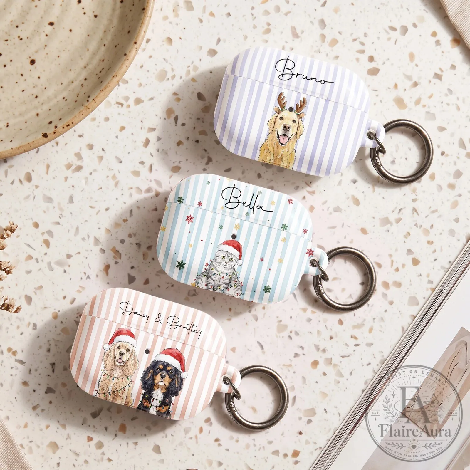 Personalized Christmas Pet Portrait AirPods Case with Custom Name
