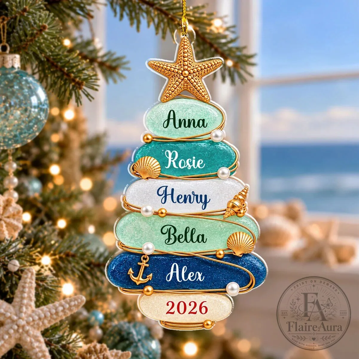Personalized Sea Glass Christmas Tree Family Name Beach Holiday Ornament