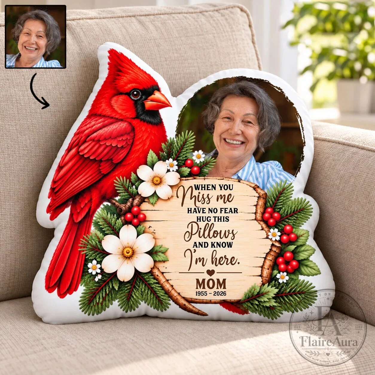 Personalized Memorial Cardinal Photo Pillow, Custom Bereavement Gift for Loss of Loved One 6 Personalized Memorial Cardinal Photo Pillow, Custom Bereavement Gift for Loss of Loved One