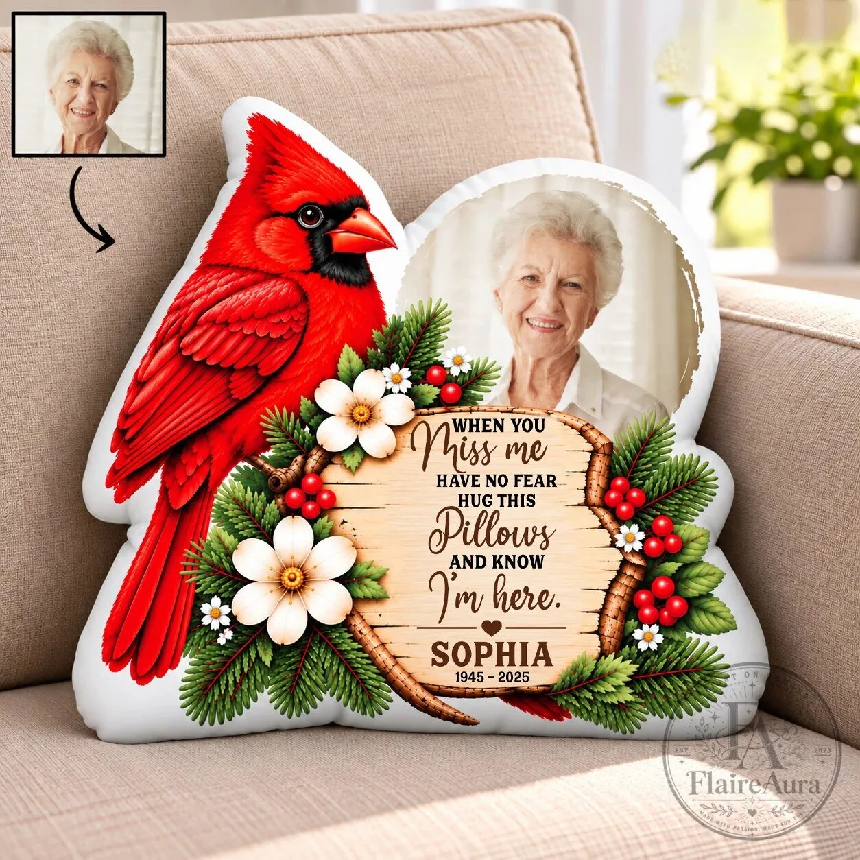 Personalized Memorial Cardinal Photo Pillow, Custom Bereavement Gift for Loss of Loved One 7 Personalized Memorial Cardinal Photo Pillow, Custom Bereavement Gift for Loss of Loved One