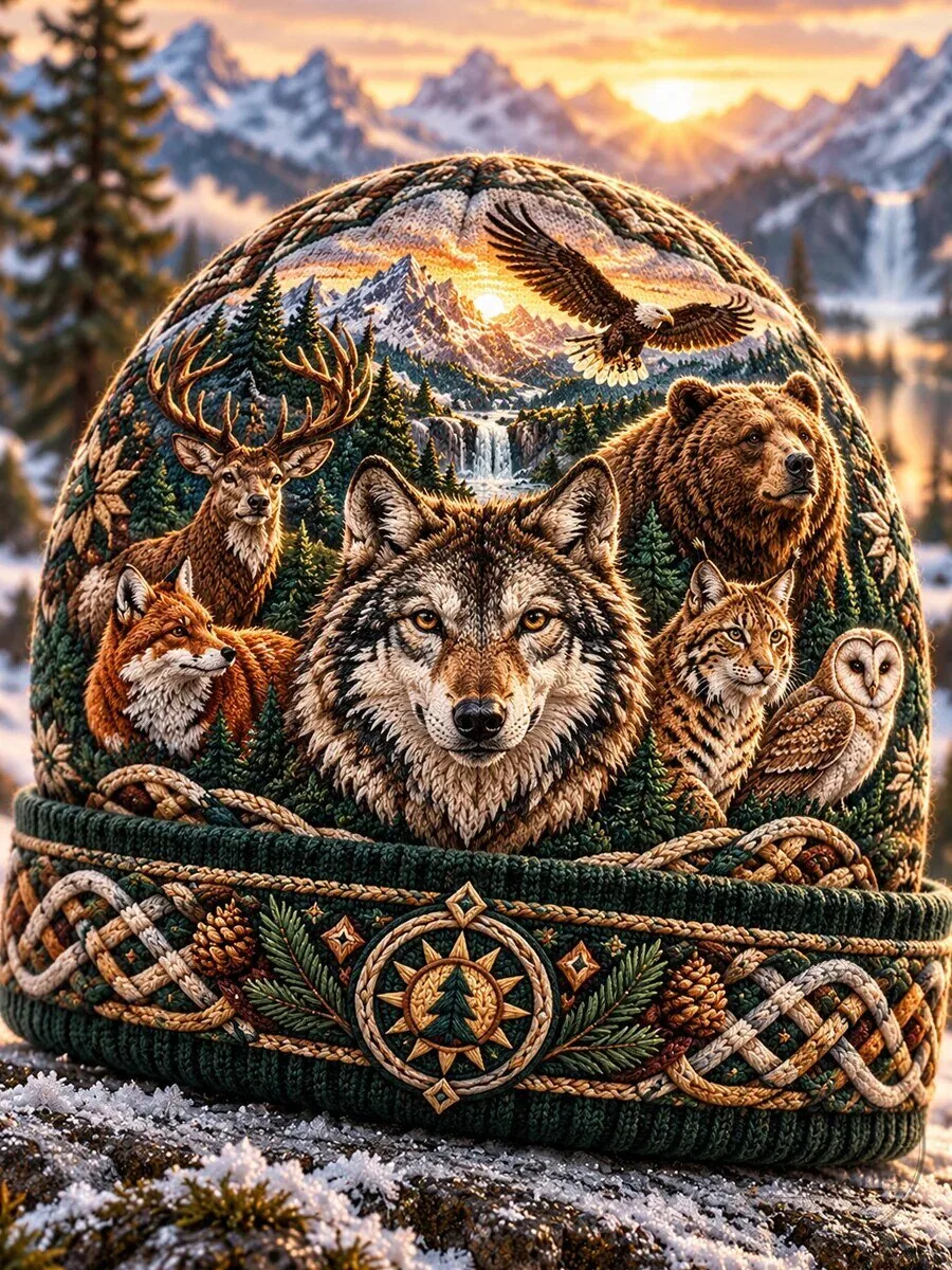 Forest Wildlife Winter Animals Knit Beanie Cap Hat