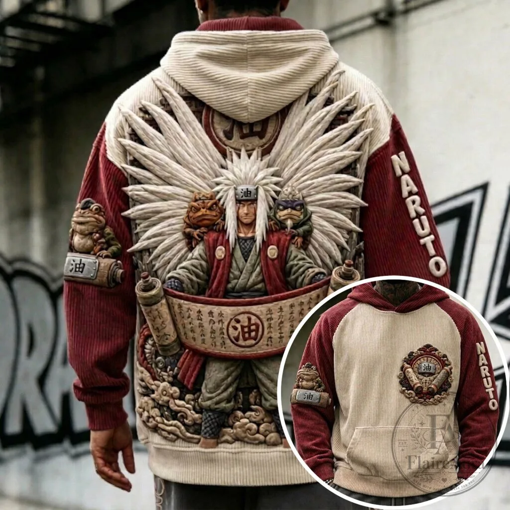 Naruto Jiraiya Sage Mode Corduroy Hoodie with Embroidered Anime Design