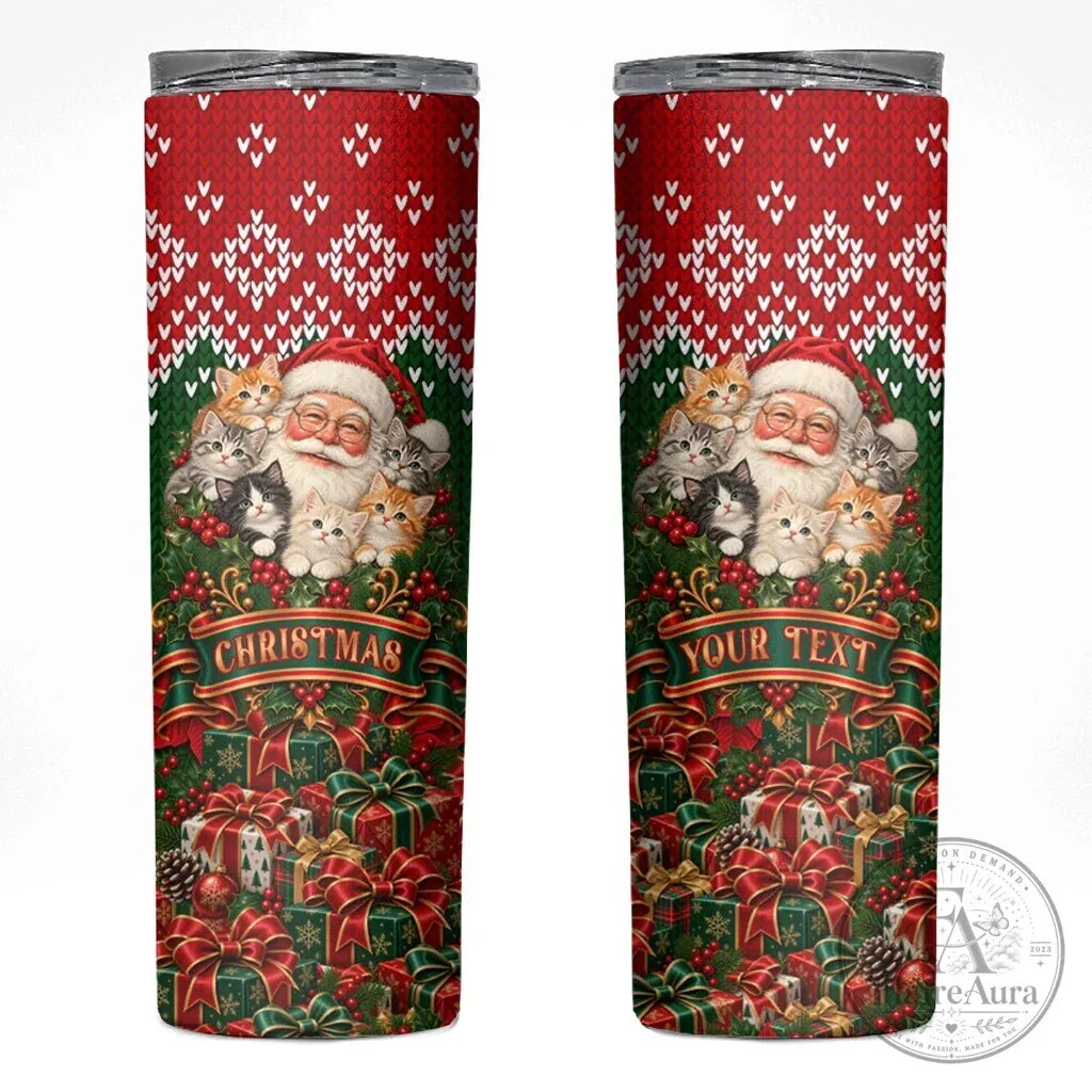 Personalized Santa Claus Kittens Christmas Skinny Tumbler for Cat Lovers