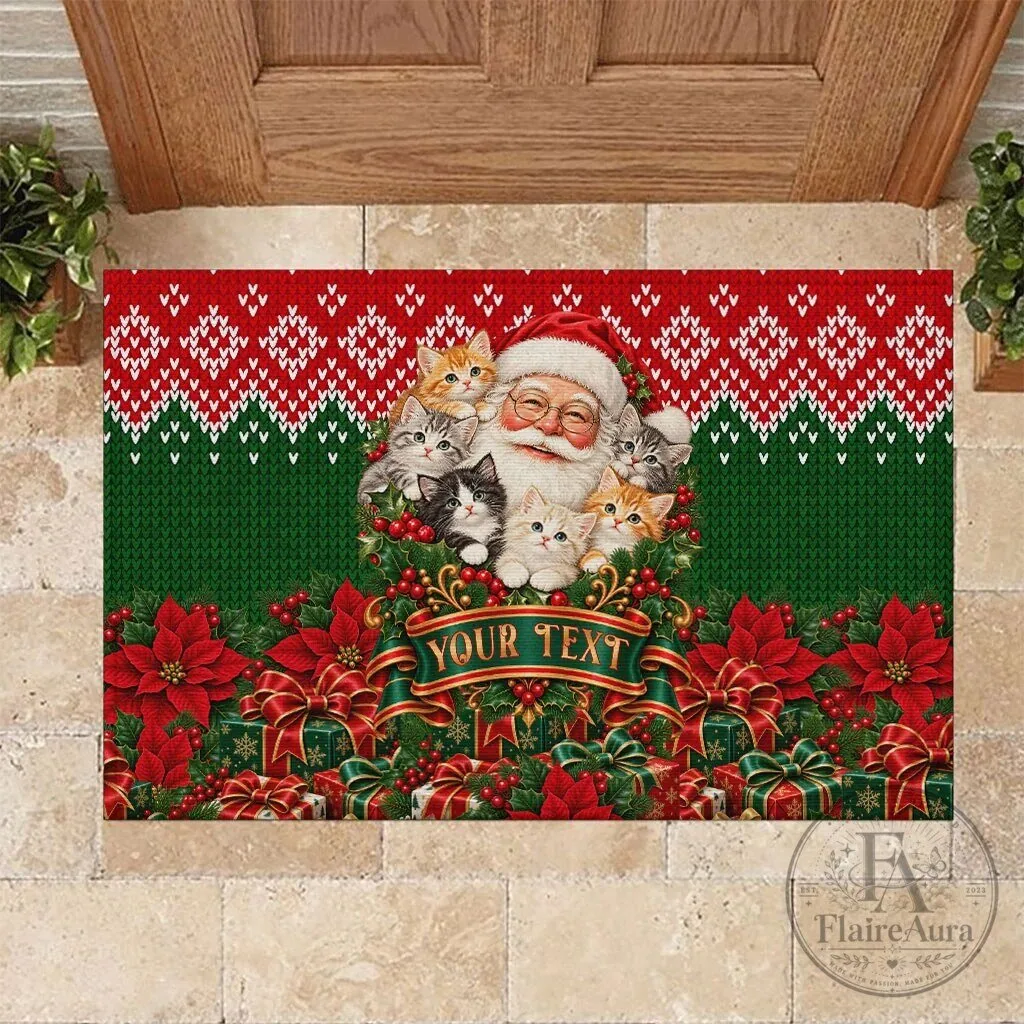 Personalized Santa Claus Kittens Christmas Holiday Doormat for Cat Lovers