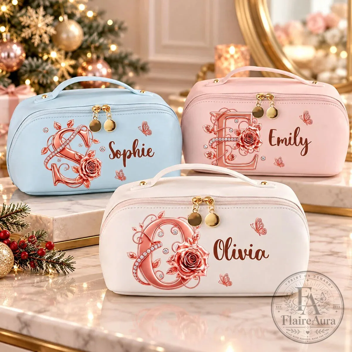 Personalized Initial Rose Butterfly Makeup Bag, Custom Name Cosmetic Organizer Bag