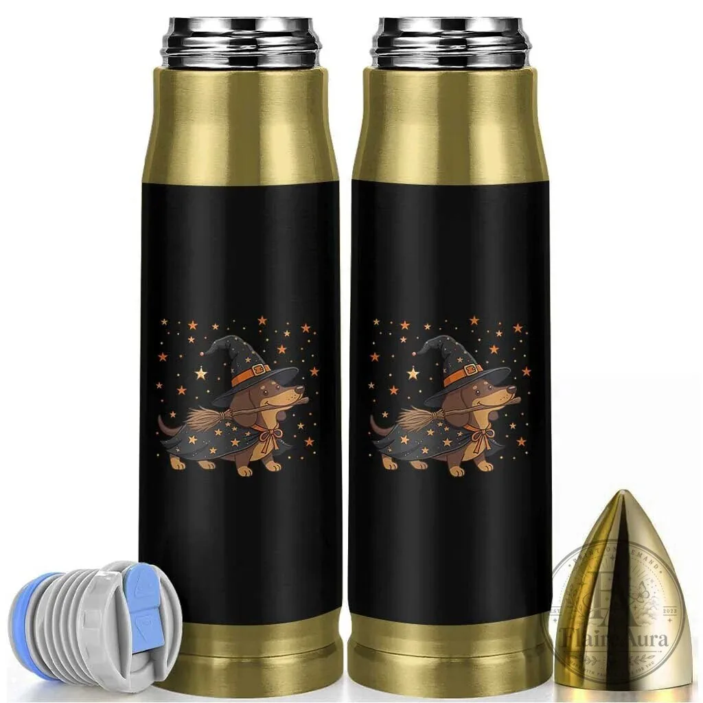 Halloween Dachshund Witch Costume Bullet Tumbler with Stars and Broomstick