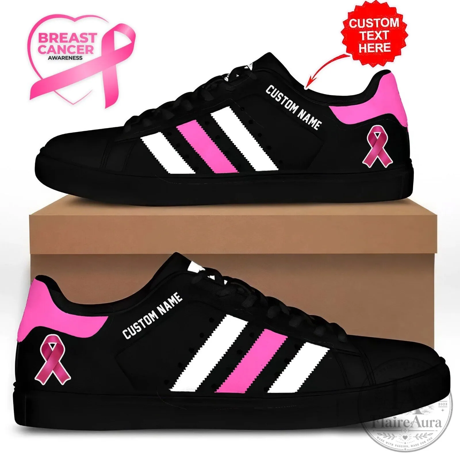Breast Cancer Awareness Pink Ribbon Custom Name Shoes for Women
