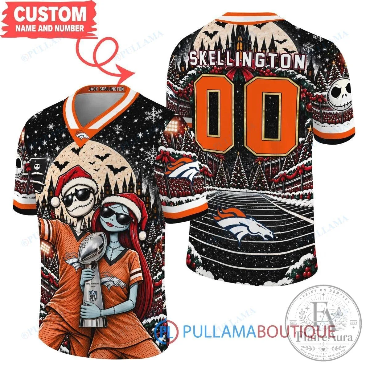 Denver Broncos Jack Skellington Sally Nightmare Before Christmas Football Jersey
