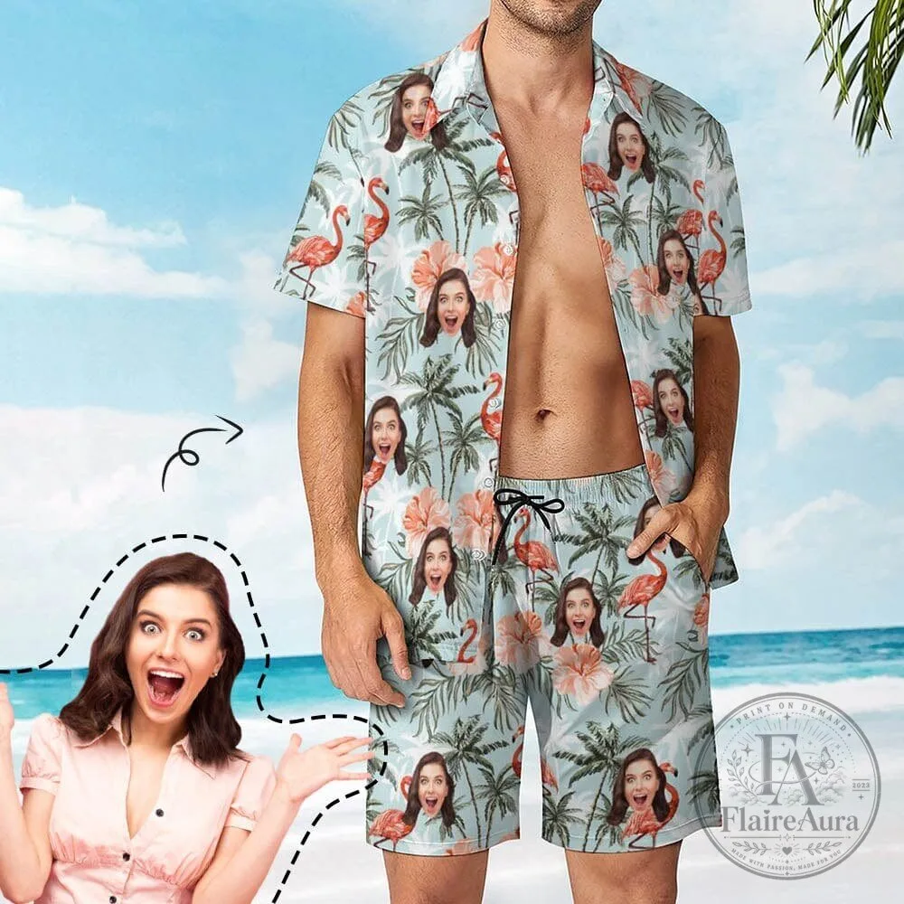 Custom Face Pink Flamingo Tropical Palm Tree Hawaiian Shirt