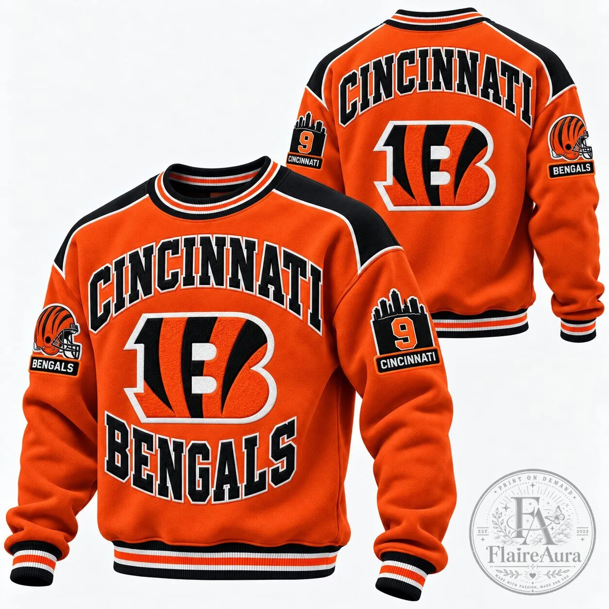 Cincinnati Bengals Football Team Orange Black Crewneck Sweatshirt